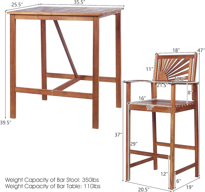 COSTWAY 3PCS Bar Table Set, Outdoor Acacia Wood Dining Set, Spacious Tabletop - Image 8