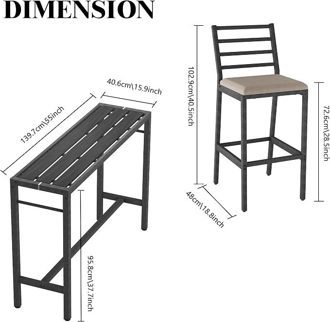 3Pcs Outdoor Patio Bar Set, Metal Bar Table and Chairs Set - Image 6