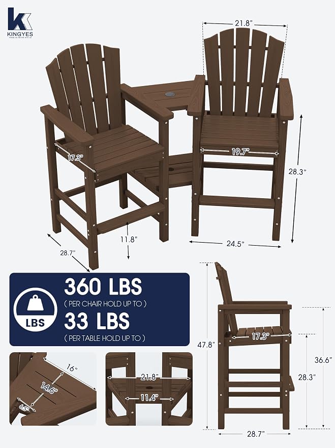 KINGYES Tall Adirondack Chair Set of 4, HDPE Tall Adirondack Barstools - Image 4