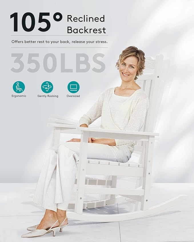 SERWALL HDPE Outdoor Rocking Chair White Set of 8, All Weather Patio Rocking - Image 3