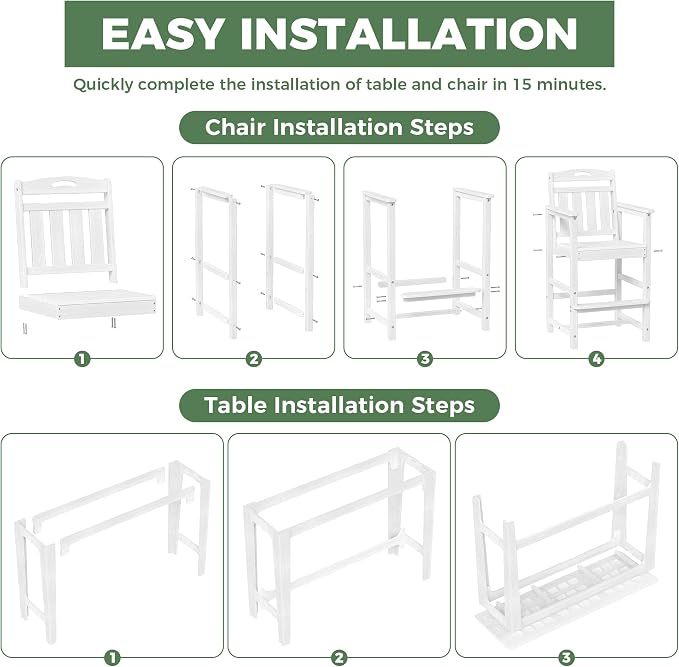 Outdoor Patio Bar Height Table and Tall Adirondack Chairs Set of 2, All-Weather - Image 9