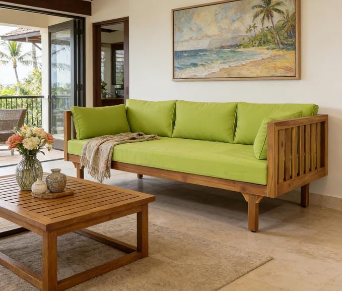 Merax Solid Acacia Wood Couch Chaise Lounge Chair Indoor, 3 Seater Daybed Sofa - Image 4