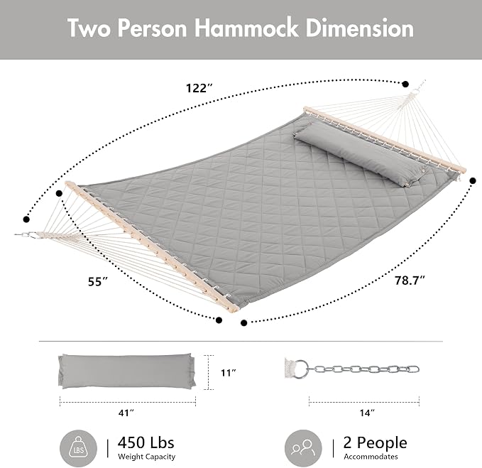 ANOW Heavy Duty Hammock with Spreader Bars and Detachable Pillow, 2 Person - Image 6