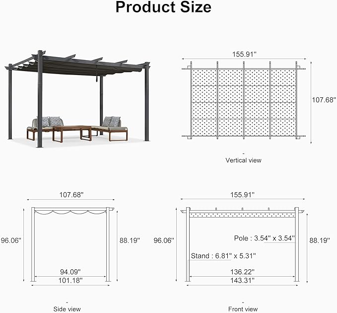 PURPLE LEAF 9.5' X 13' Outdoor Retractable Pergola Against The Wall - Image 7