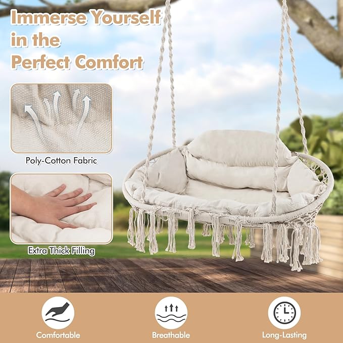 Tangkula 2-Person Hanging Hammock Chair, Boho Style Macrame Hammock Swing - Image 3