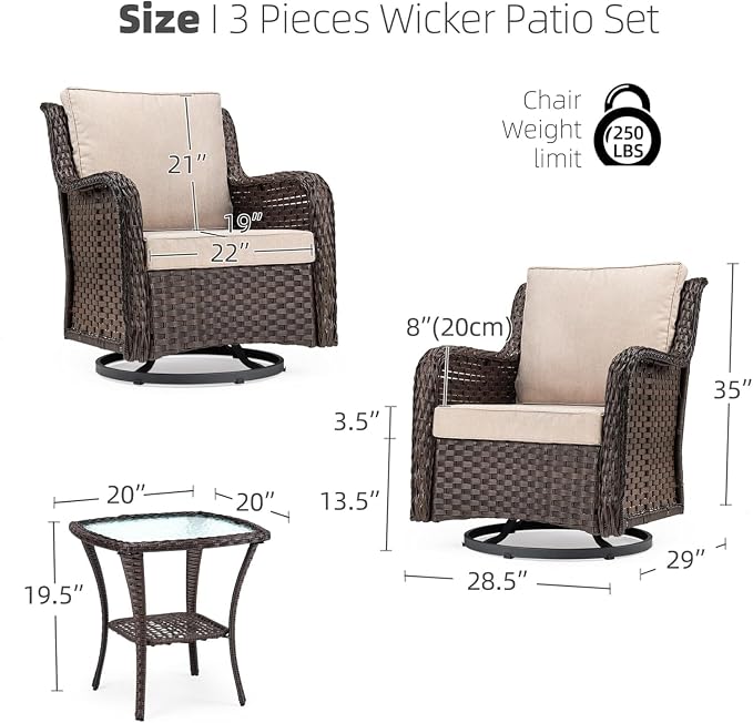 GarveeHome 3-Piece Outdoor Wicker Rattan Swivel Rocking Chair Set - Image 2
