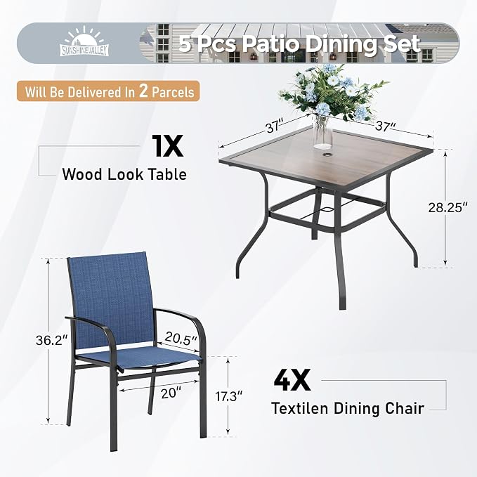 5 Piece Patio Dining Set for 4, 37”x37” Square Table - Image 5