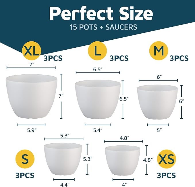 White Plant Pots with Drainage Holes & Saucers 15 Pack, Indoor & Outdoor - Image 2