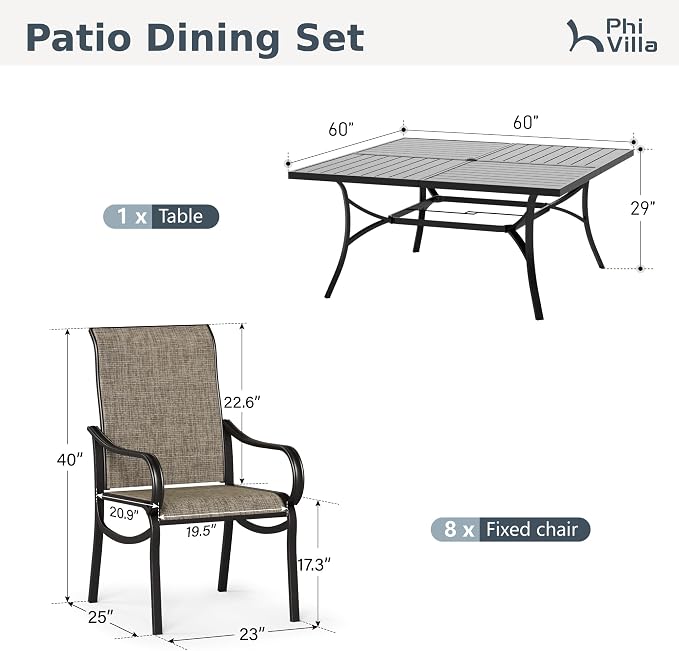 PHI VILLA Patio Dining Set for 8 Person, Large Slat Metal Square Table - Image 9