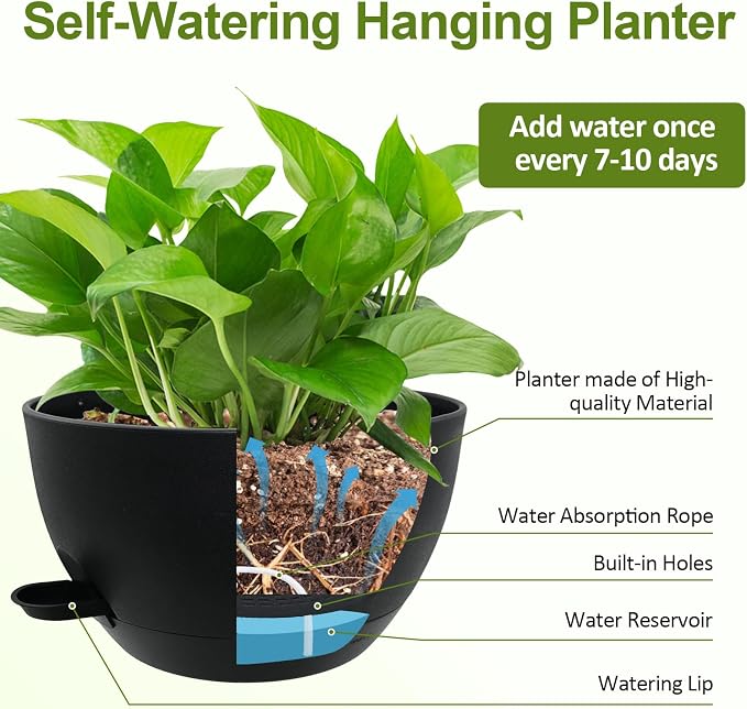 WOUSIWER Self Watering Hanging Planters, 2 Pack 12'' Plastic Pots - Image 6
