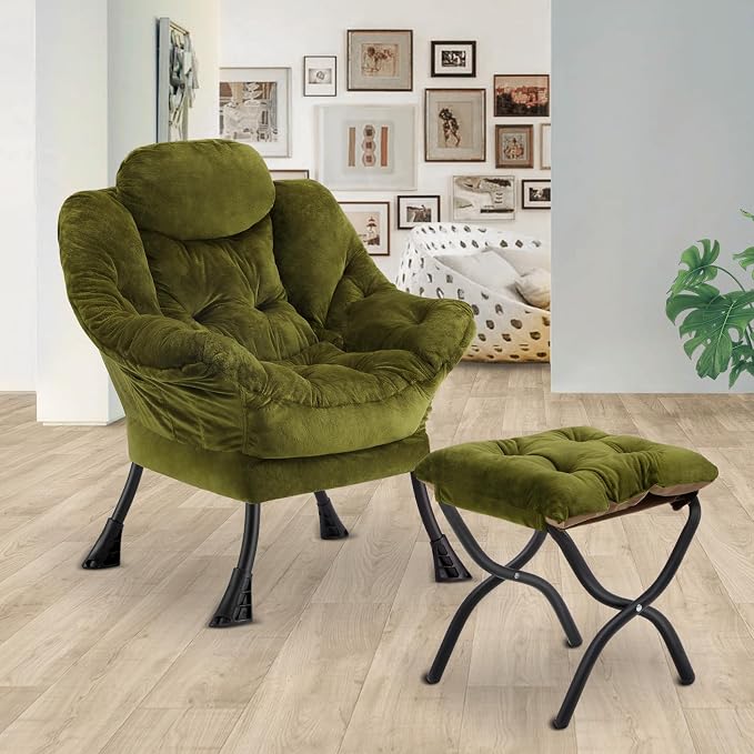 Lazy Chair with Folding Ottoman, Leisure Sofa Chair, Soft Fabric Armchair with - Image 2