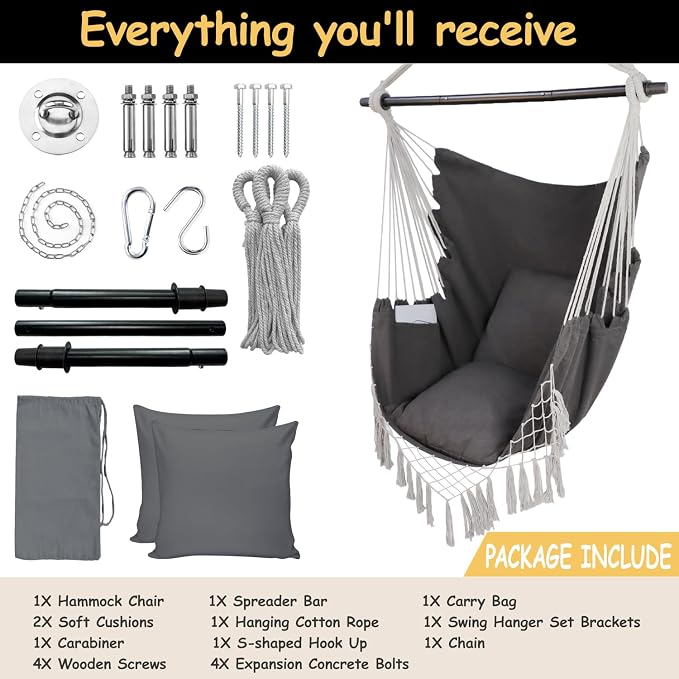 Hammock Chair Hanging Rope Swing Chair, Max 450 Lbs, Large Hanging Chair - Image 3