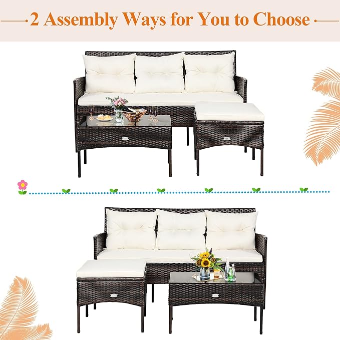 Tangkula 3 Pieces Patio Conversation Set, Outdoor PE Rattan Wicker Furniture - Image 8