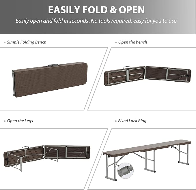 6ft Plastic Folding Bench with Carrying Handle & Lock, Portable Outdoor Bench - Image 6