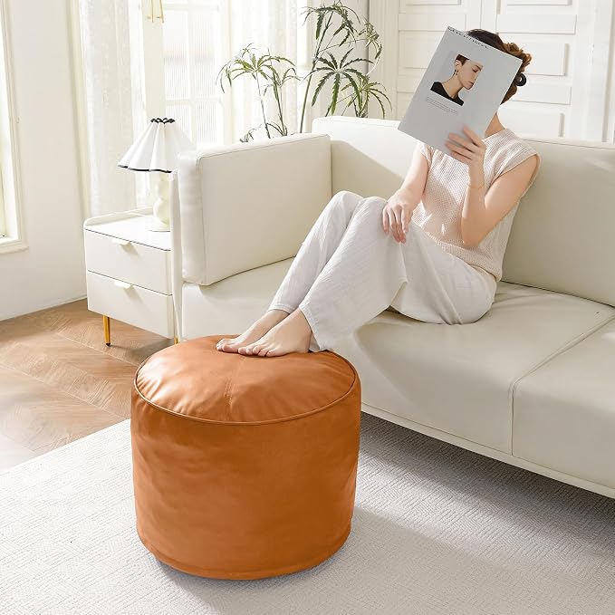 HIGOGOGO Round Stuffed Pouf Ottoman, Pu Leather Poufs - Image 4