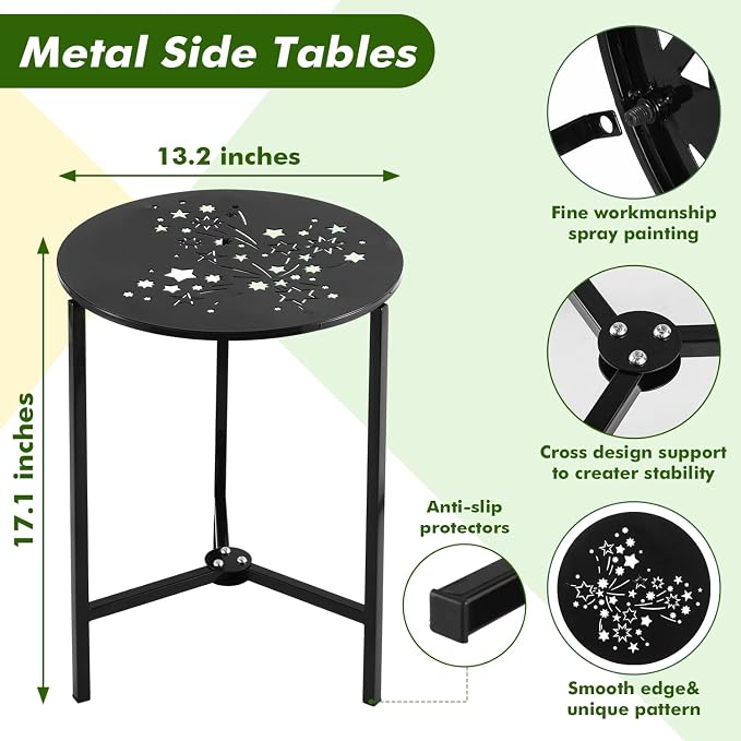 Party Zealot Set of 2 Small Round Metal Side Tables 13 Inches Black Outdoor End - Image 3