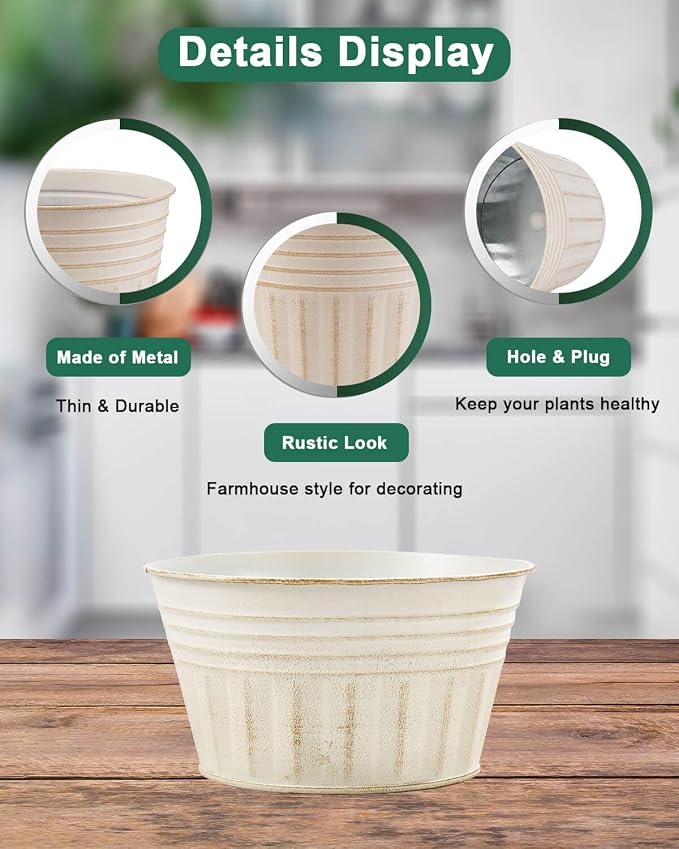 vensovo 10 Inches Beige Metal Rustic Plant Pots - Image 3