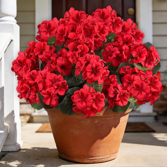 Artificial Flowers for Outdoors, 6 Bundles Realistic Silk Fake Red Geraniums by AmberFun