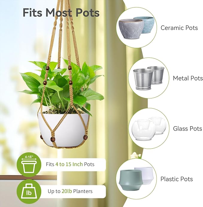 USLAI Macrame Plant Hanger Indoor Outdoor, Fits 4 to 15 Inch Pots, Strong - Image 3