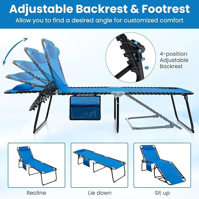 GYMAX Lounge Chairs for Outside, Extra High Folding Beach Tanning Lounger - Image 4