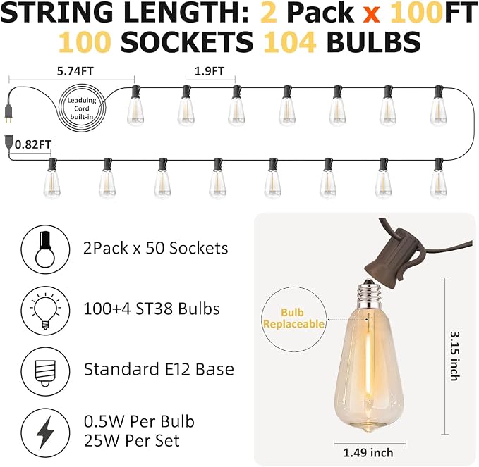 200FT Outdoor Edison String Lights - Image 3