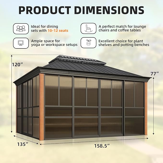 EROMMY 12' X 14' Hardtop Sunroom, Galvanized Steel Double Roof Gazebo Solarium - Image 2