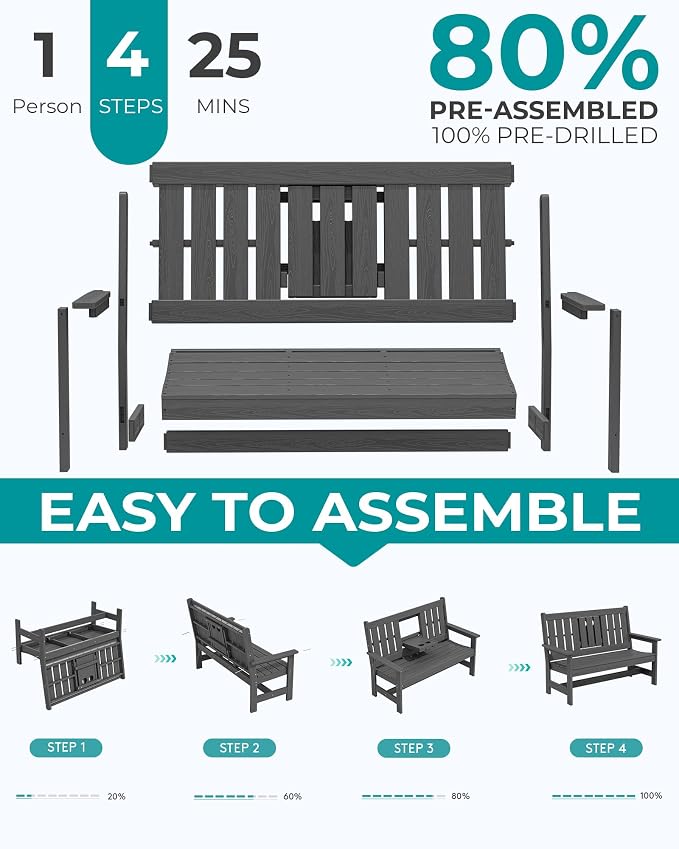 SERWALL Outdoor Bench with Cup Holder, All Weather Patio Benches with High - Image 7
