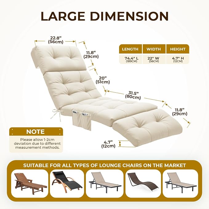 Outdoor Chaise Lounge Chair Cushion Waterproof 74.4 x 22 x 4.7 Inches Lounge - Image 3