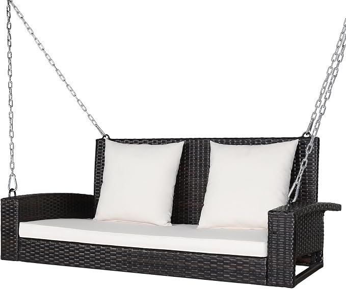 DORTALA Hanging Porch Swing, 2-Person Outdoor Wicker Swing Chair Bench by DORTALA