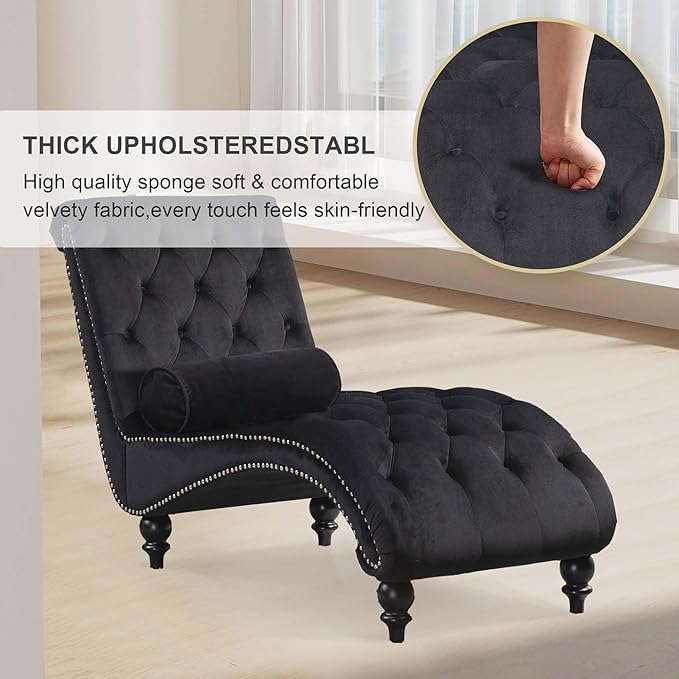 Chaise Lounge Indoor, Velvet Upholstered Lounge Chair Button-Tufted Armless - Image 3