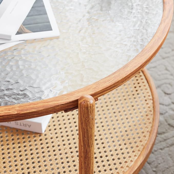 VINGLI 30" Rattan Coffee Table, Round Water-Wave Glass Metal Center Table - Image 5