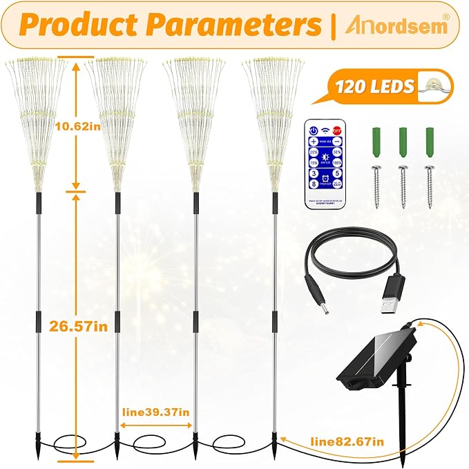 Anordsem Solar Fireworks Lights Outdoor: 4 Bendable Copper Wire 120 LEDs String - Image 2