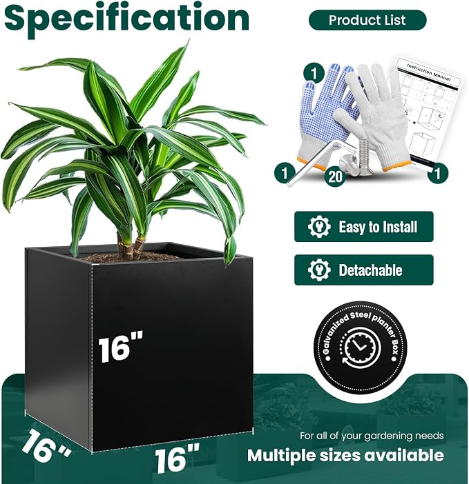 Galvanized Steel Planter Box Black Metal Planter 16Inch Square Indoor Outdoor - Image 2