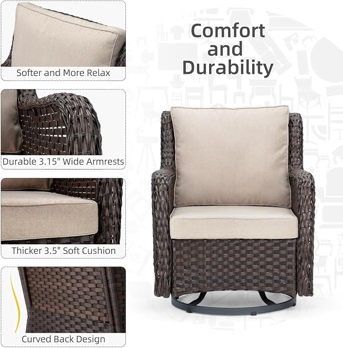 GarveeHome 3-Piece Outdoor Wicker Rattan Swivel Rocking Chair Set - Image 4
