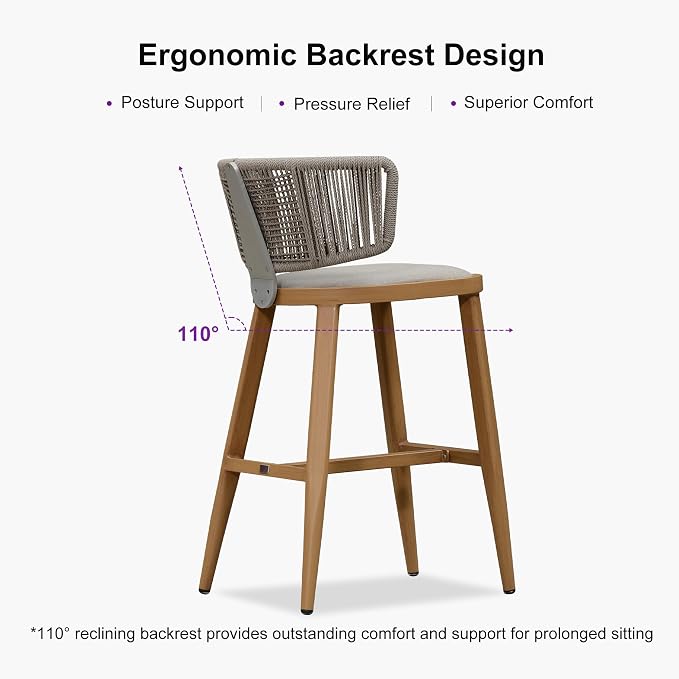 PURPLE LEAF Outdoor Bar Height Stool Set of 2 Modern Rattan Bar Chairs - Image 2