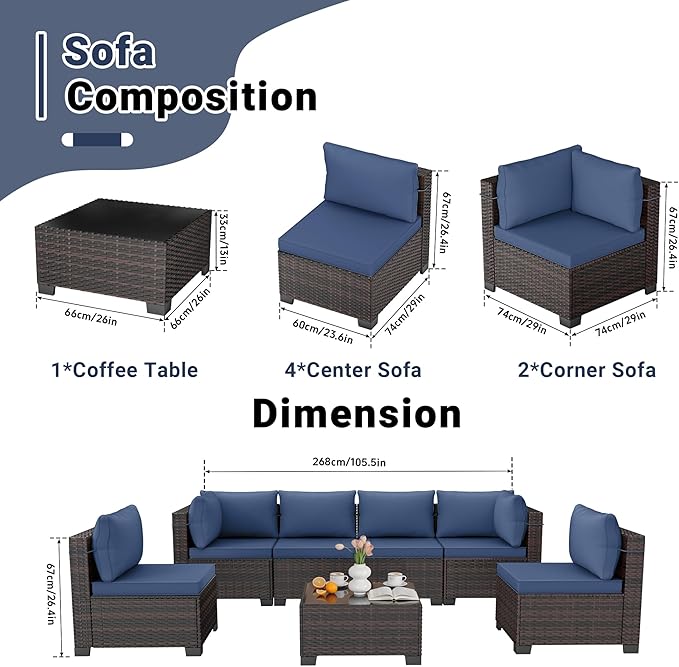 LEVELEVE 7 Pieces Outdoor Patio Furniture Sets, Rattan Conversation Sectional - Image 2