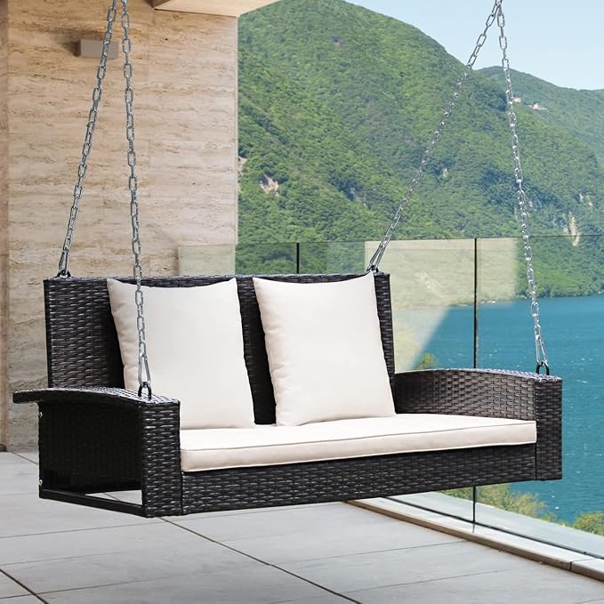 RELAX4LIFE 2-Seat Rattan Porch Swing, Wicker Outdoor Swings w/7.9 Ft Solid - Image 2