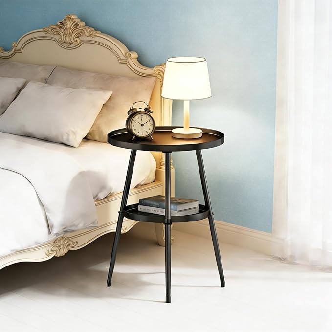 Side Table 2-Tier Small Round End Table Metal Black Accent Table - Image 2