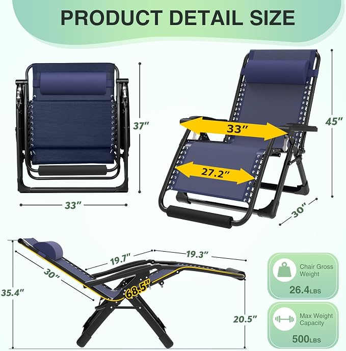 Suteck Oversized Zero Gravity Chair, 33In XXL Lounge Chair w/Removable - Image 2