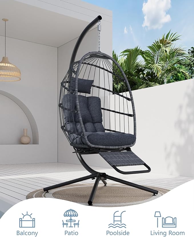 SWITTE Egg Chair Outdoor with Footrest & Stand, Indoor Wicker Hanging Egg Swing - Image 4