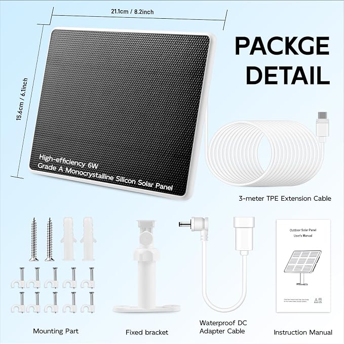 Solar Panel for Ring Camera, 6W Solar Charger Compatible - Image 5