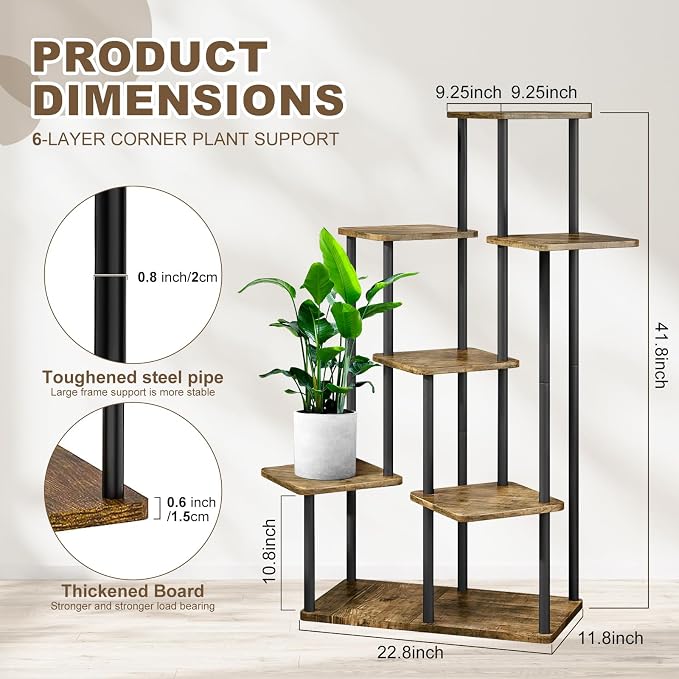 7 Tier Plant Stand Indoor, Thickened Metal Wood Corner Plant Shelf Stands - Image 2
