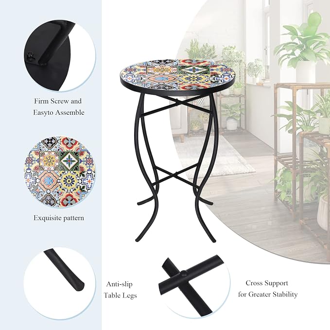 VCUTEKA Mosaic Side Table, Indoor Patio Accent Table - Image 4
