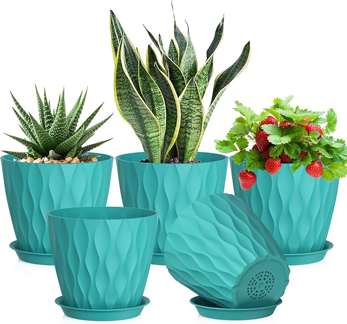 7 inch Plant Pots for Indoor Outdoor Plants, 5 Pack Thick Flower Pots by Meowell