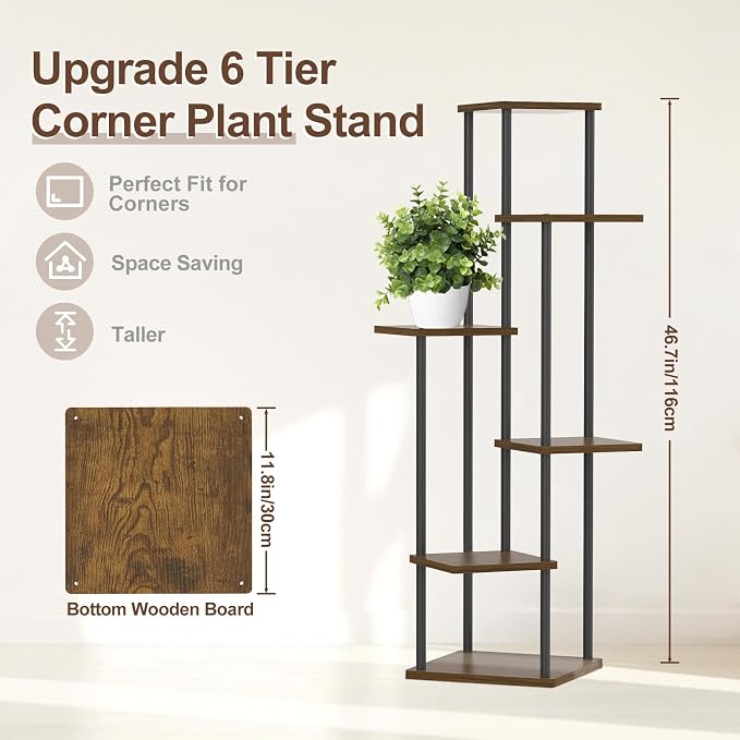 6 Tier Plant Stand Indoor Outdoor, Tall Metal Wood Muti-Level Planter Shelf - Image 2