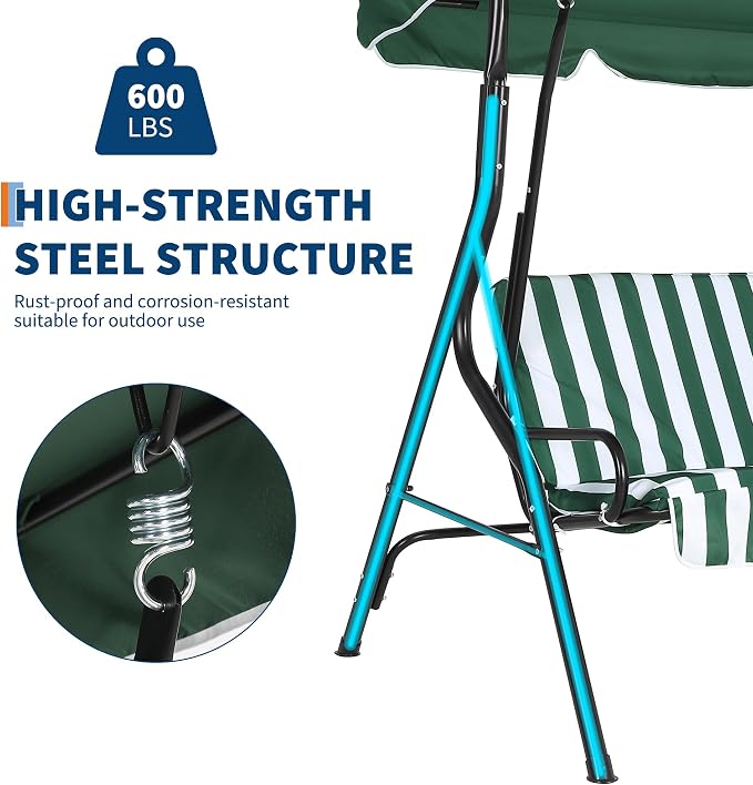 Outdoor Porch Swing Chair with Adjustable Canopy & Striped Seat Cushion - Image 3