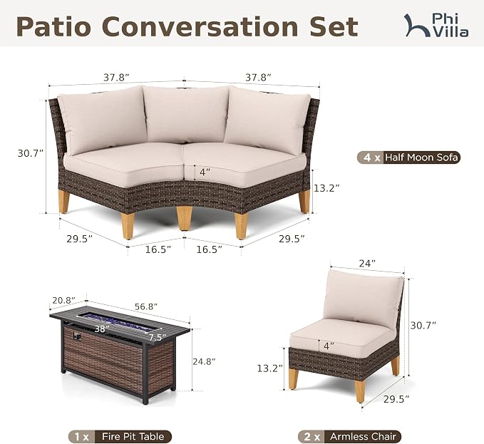 PHI VILLA 7-Piece Half Moon Patio Furniture Set - Image 2