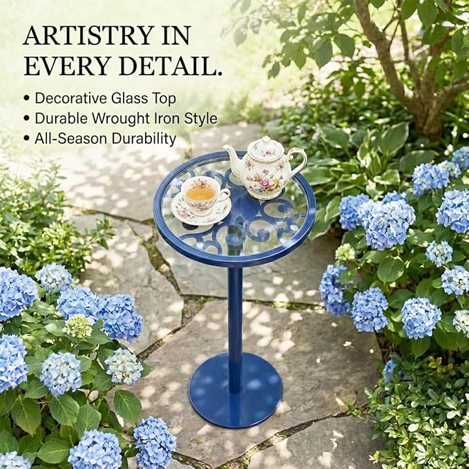 Navy Blue Drink Table, Indoor Outdoor Small Round Side Table - Image 5