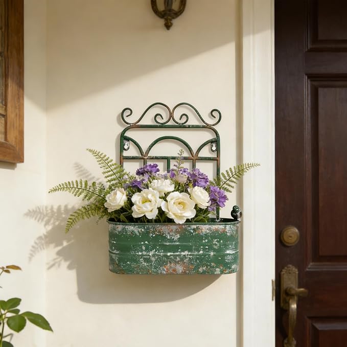 Rustic Metal Wall Planter Vintage Wall Mounted Flower Pot Distressed Wall - Image 9