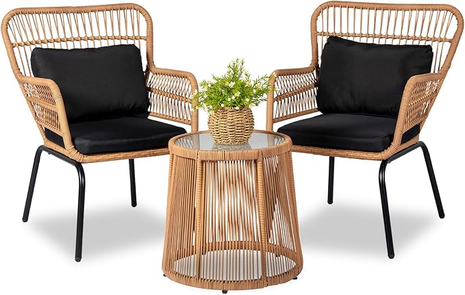 3 Piece Outdoor Wicker Furniture Bistro Set, Rattan Chairs Conversation Sets by HOMEZILLIONS